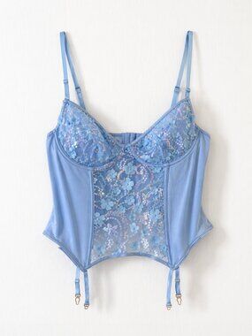 🪩 2/20 Unknown Brand Blue Sequin Floral Bustier Corset Top Fits 2XL